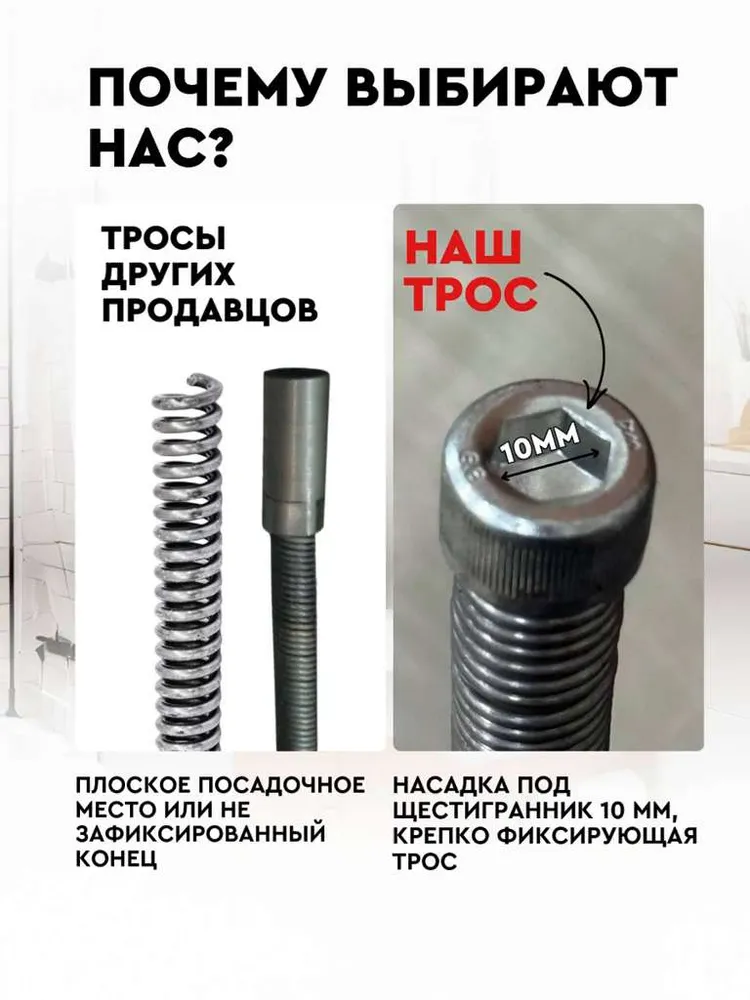 Трос для прочистки канализационных труб, сантехнический диаметр 13 мм 7,5 м