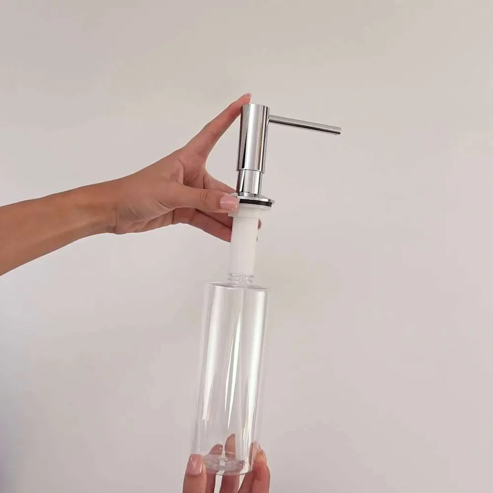 ALV Eme Диспенсер кухонный встраиваемый для моющего средства с длинным шлангом 1,2 метра и емкостью 500 мл, дозатор врезной для мойки, органайзер для мыла, серебряный хром