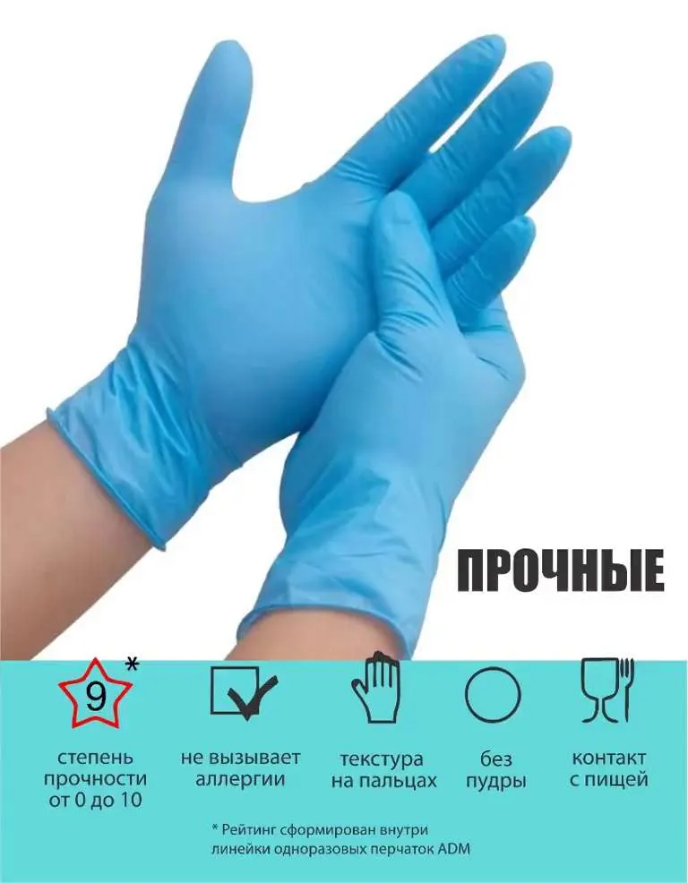 Перчатки нитриловые хозяйственные усиленные, 100шт (50 пар), размер M, A. D. M