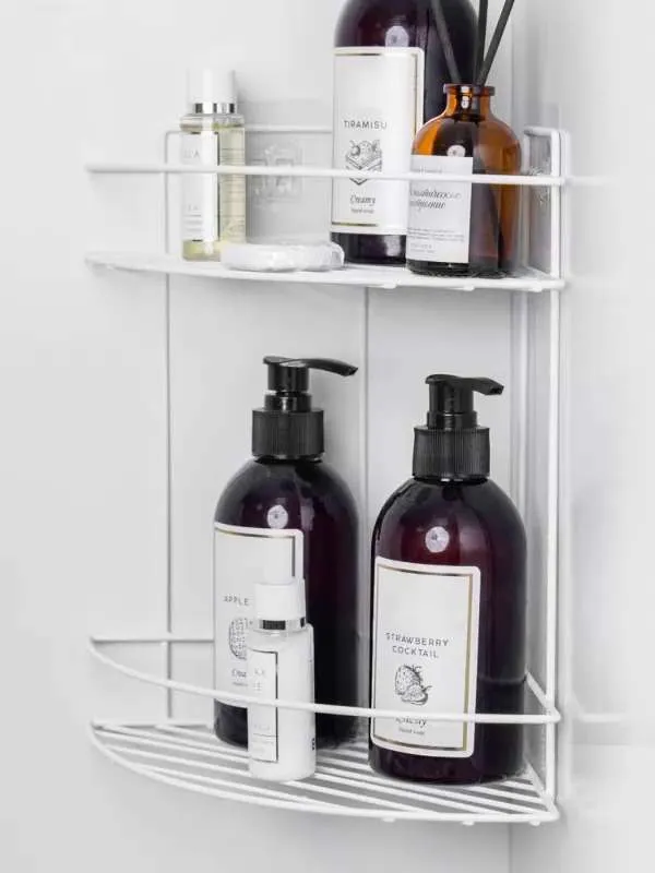 Полка настенная для ванной угловая 2 ярусная Белый муар