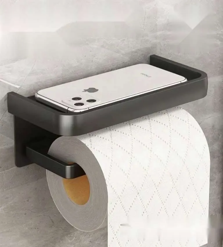 Держатель для туалетной бумаги с полкой черный алюминиевый, 1 шт VLAMY