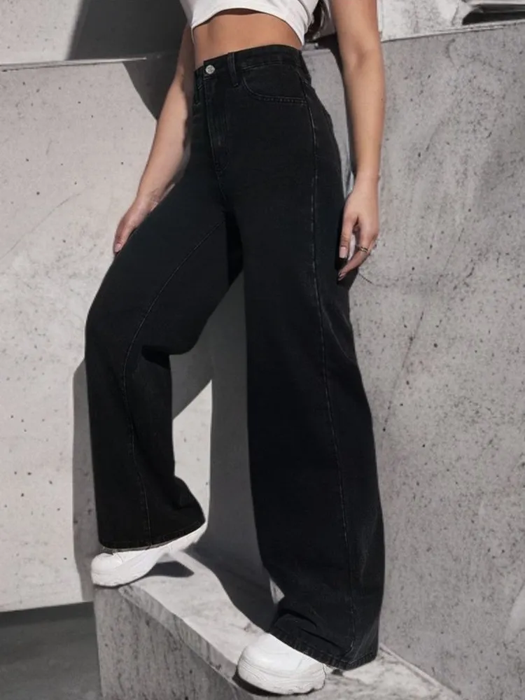 Джинсы Женский The80s черный, глубокий черный палаццо, прямые Джинс, Деним, размер 44 прямой Молния, Пуговицы Высокая Карманы, Декоративные пуговицы, рост 165-180 Китай На любой сезон Повседневный