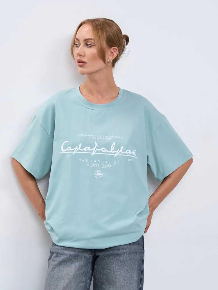 Футболка Женский ТЕЛОДВИЖЕНИЯ мята пыльная Короткий, размер 46 Надписи оверсайз Повседневный Россия