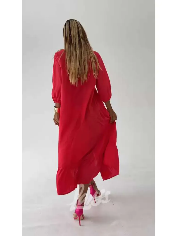 Платье Женский Larss красный, розовый платье-рубашка Пляжный Три четверти Вискоза Воротник, размер 42, 44 Пуговицы трапеция Однотонный быстросохнущая, дышащий материал Макси