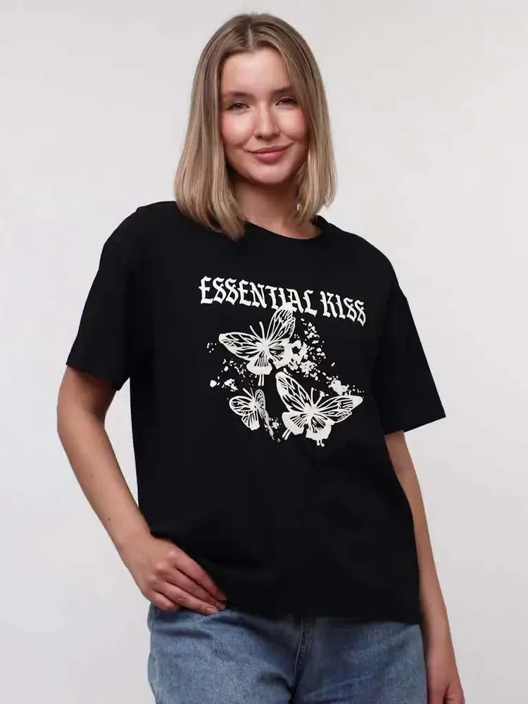 Футболка Женский ESSENTIAL KISS черный Средний, размер 52 Хлопок, Спандекс Бабочки свободный Повседневный Китай ( Гонконг) Фитнес, Йога и пилатес, рост 150-180