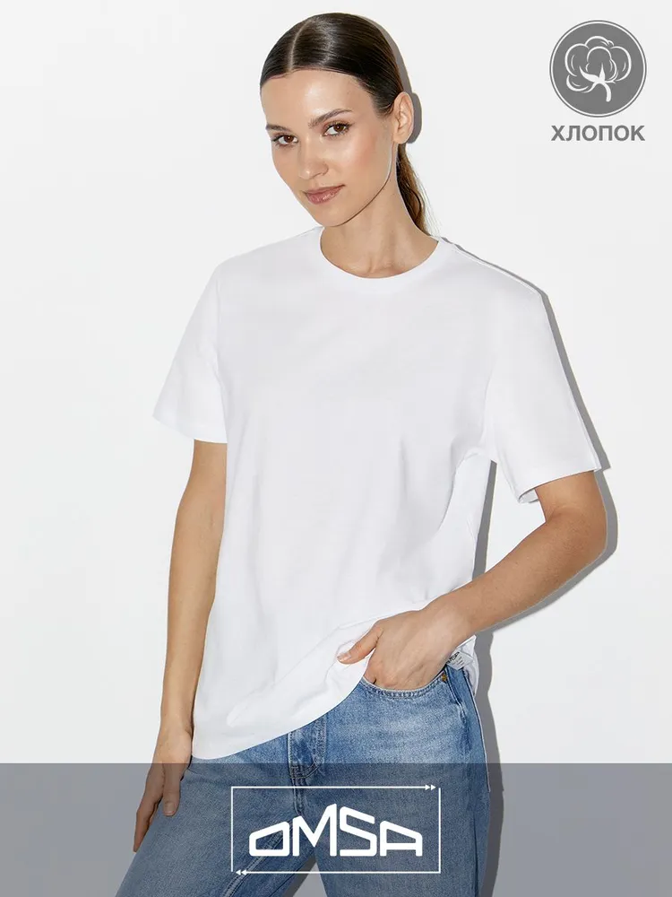 Футболка Женский Omsa белый, размер 50 Хлопок Однотонный прямой Повседневный Узбекистан Фитнес, Теннис