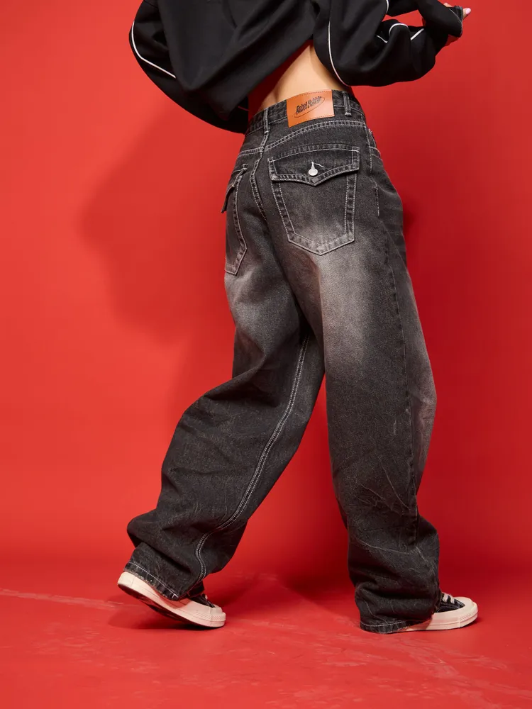 Джинсы Женский Rebel Bubble черный графит багги Хлопок, размер 48 оверсайз Молния, Пуговицы Высокая Китай На любой сезон Повседневный