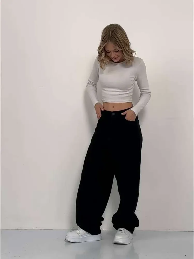 Джинсы Женский Street DNK черный багги, карго Хлопок, Полиэстер, размер 50 оверсайз Молния, Пуговицы Средняя, рост 155-180 Китай На любой сезон Повседневный