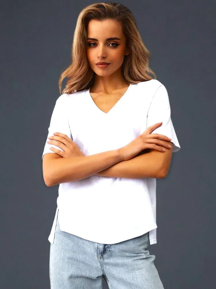 Футболка Женский Christian Generale Collection белый Короткий, размер 48, 50 Хлопок, Лайкра оверсайз Декольте, Разрезы Повседневный Россия Фитнес, Бег