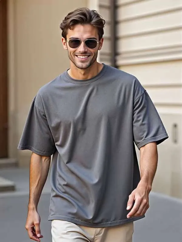 Футболка Мужской серый графит Длинный, размер 52 Хлопок Однотонный оверсайз Повседневный Узбекистан