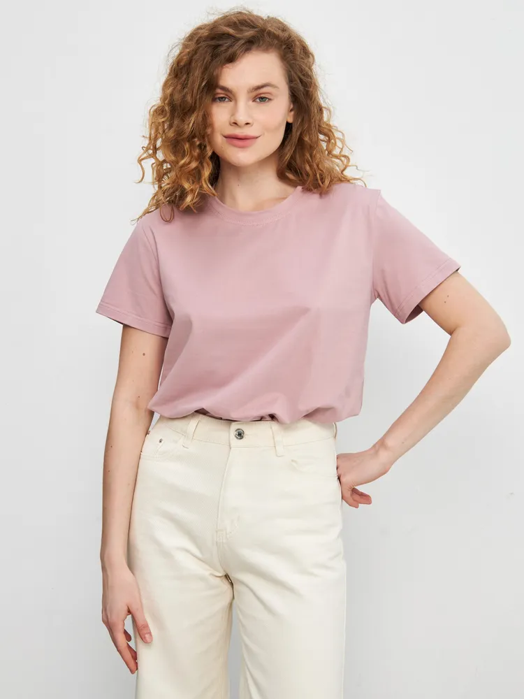 Футболка Женский ТЕЛОДВИЖЕНИЯ пыльная роза Короткий, размер 44 Кулирная гладь Однотонный Домашний Россия Йога, Бег