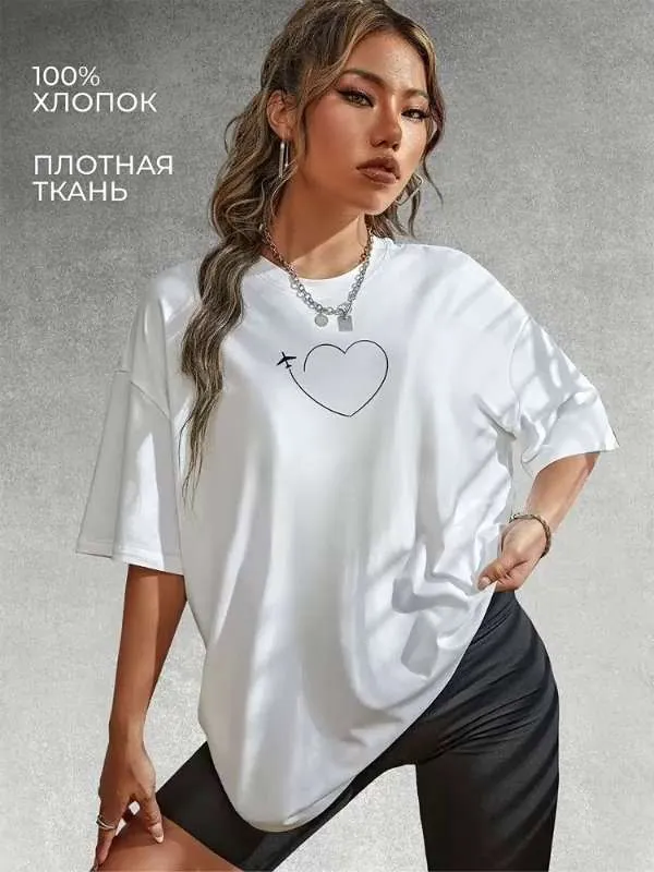 Футболка Женский VSELENNAYA белый Средний, размер 62 Хлопок Сердца свободный Повседневный Узбекистан