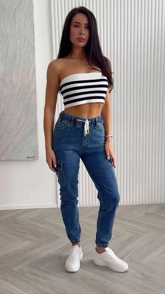 Джинсы Женский WEAREL Sts синий, светло-синий карго Хлопок, Эластан, размер 52, 54 свободный Затягивающийся шнурок, Резинка Средняя Карманы Китай На любой сезон Повседневный