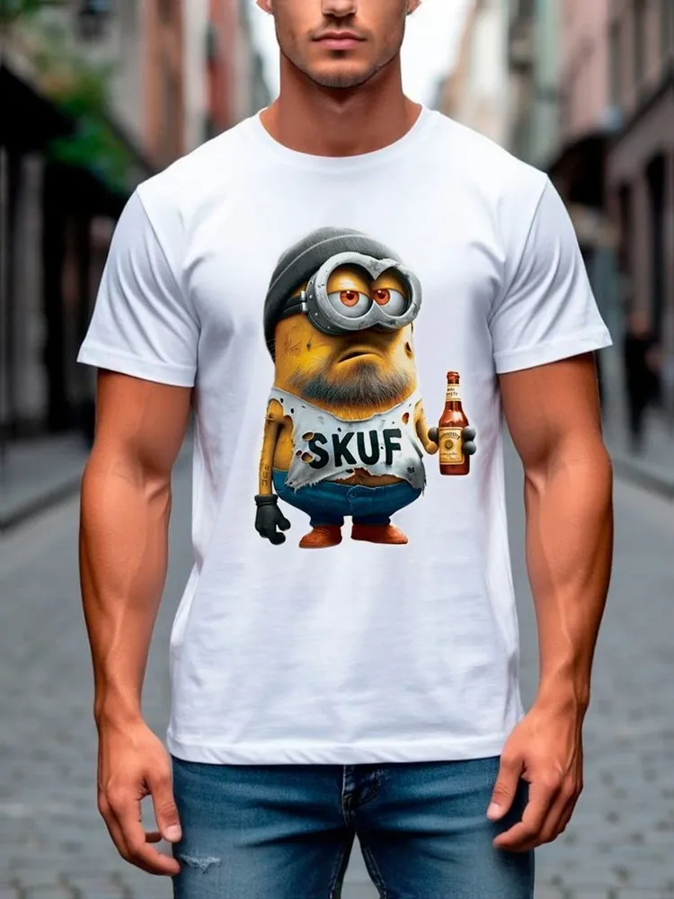 Футболка Мужской, Женский Print& Pictures белый Короткий, размер 50 Хлопок Мультяшный оверсайз Повседневный Россия