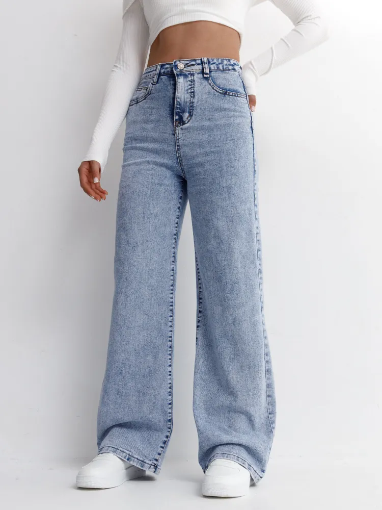 Джинсы Женский TASTEHOLDER голубой клеш, палаццо Хлопок, размер 52, 54 прямой Молния, Пуговицы Высокая На любой сезон Повседневный