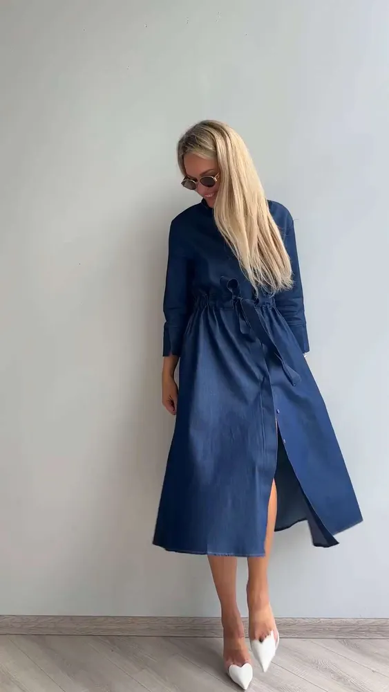 Платье Женский Verh темно-синий джинсовый, джинс платье-рубашка Вечерний/праздничный Три четверти Хлопок, Вискоза Воротник, Декоративные пуговицы, размер 46 Пуговицы, Пояс полуприталенный Однотонный дышащий материал, немнущийся материал Миди