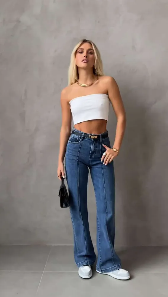 Джинсы Женский BUNS синий, индиго палаццо, прямые Деним, Джинс, размер 46, 44 прямой Молния, Пуговицы Высокая Карманы Китай Демисезон Повседневный