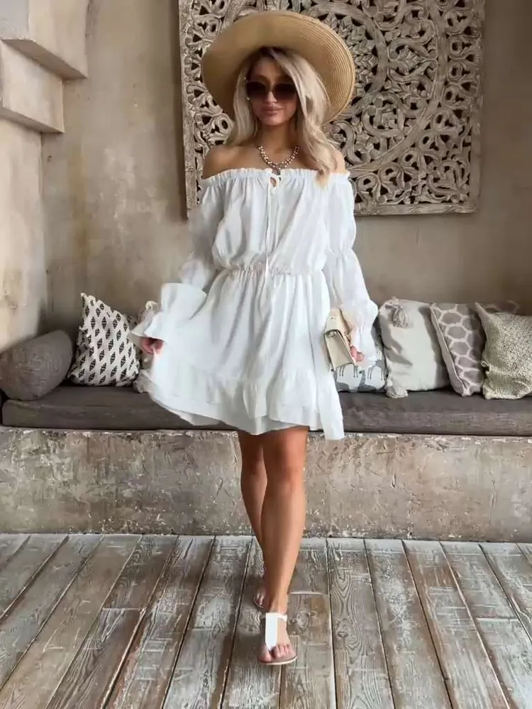 Платье Женский Sasheline белый, белый бриллиант с открытыми плечами Повседневный Длинный Хлопок Рюши, размер 42, 44 Завязки, Резинка полуприталенный Однотонный дышащий материал Миди