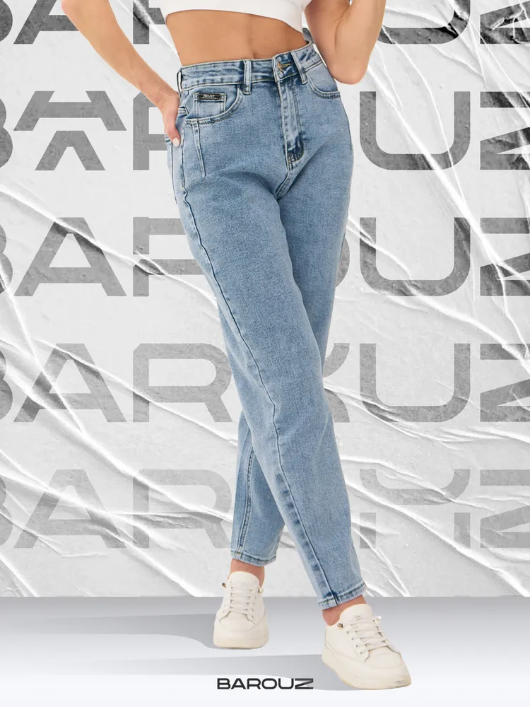 Джинсы Женский Barouz голубой мом, укороченные Хлопок, Эластан, размер 44, 46 полуприлегающий Пуговицы, Молния Высокая Карманы Турция На любой сезон Повседневный