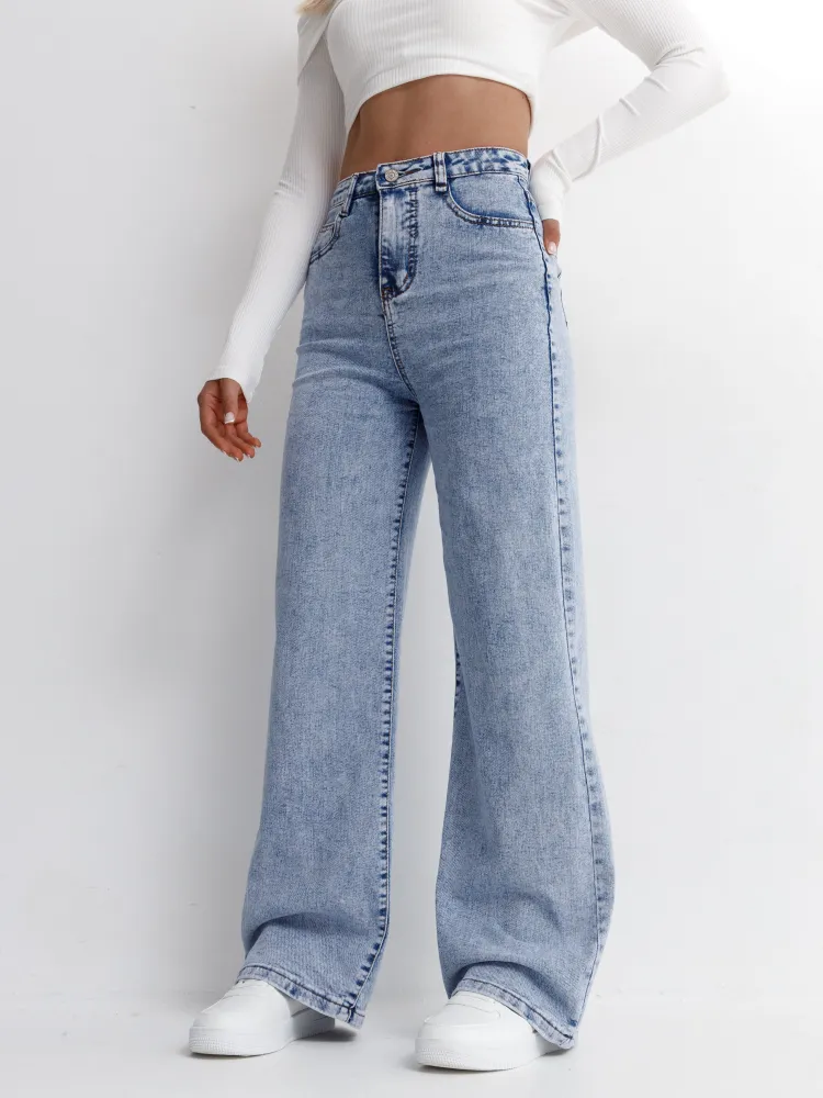 Джинсы Женский TASTEHOLDER голубой палаццо, клеш Хлопок, размер 42 прямой Пуговицы, Молния Высокая На любой сезон Повседневный