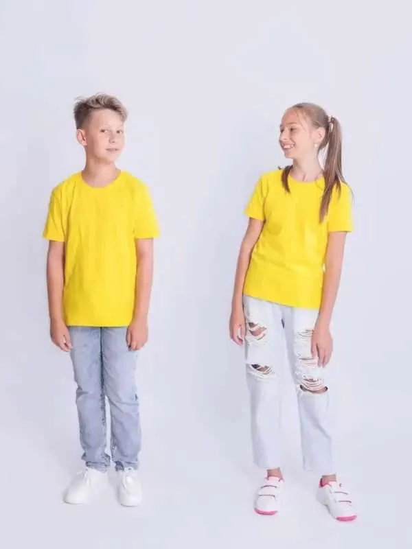Футболка Девочки, Мальчики BLOSSOMCLO желтый Короткий, размер 134, 140 Хлопок Однотонный полуприталенный Повседневный Узбекистан, рост 134-140