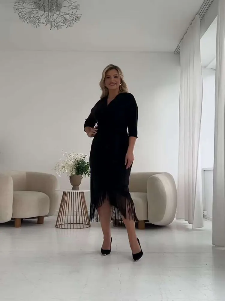 Платье Женский RODERNA черный с запахом Повседневный Три четверти Спандекс, Полиэстер Декольте, Бахрома, размер 56, 58 Пояс приталенный Однотонный корректирующий эффект, немнущийся материал Миди