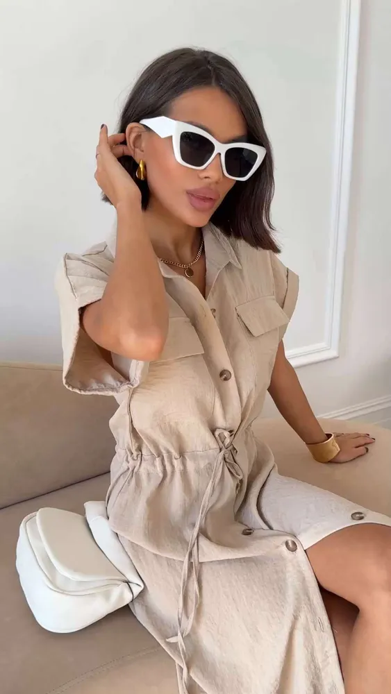 Платье Женский Bananapolis бежевый платье-рубашка Повседневный Короткий Вискоза, Хлопок Карманы, размер 46 Пуговицы, Пояс прямой Однотонный Макси