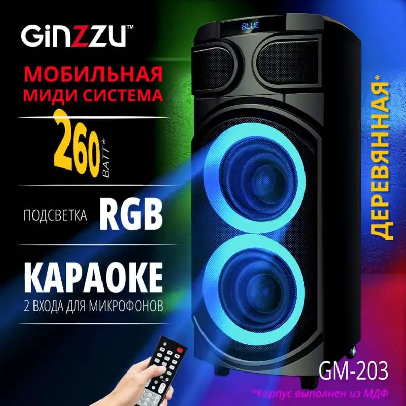 Портативная беспроводная блютуз колонка / Акустическая система MIDI Ginzzu GM-203 с Bluetooth 5.0, 260 Вт(1600), LED-дисплей, USB-flash, micro SD, FM-радио, пульт ДУ, эквалайзер