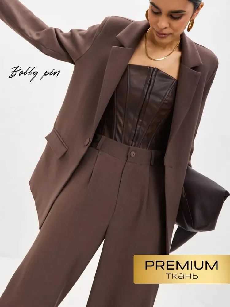 Костюм классический Женский Bobby pin Вечерний/праздничный брючный коричневый, кофейный, размер 48 Вискоза, Полиэстер Однотонный Карманы Киргизия На любой сезон Пуговицы