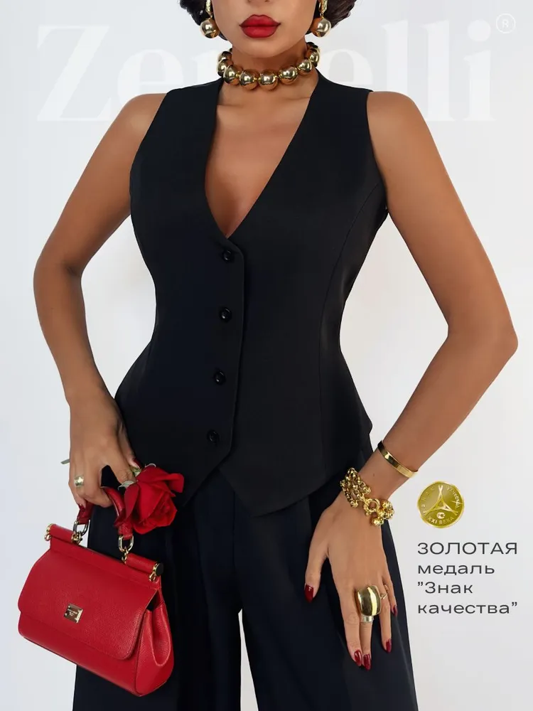 Жилет Женский ZERTELLI черный Полиэстер, Эластан, размер 44 Пряжки, Декоративные пуговицы полуприталенный Без рукавов костюмный Пуговицы Однотонный Офисный/школьный Россия