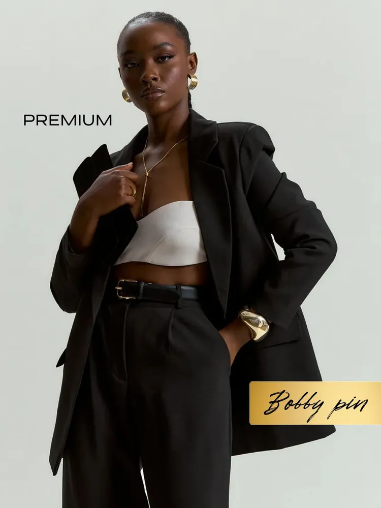 Костюм классический Женский Bobby pin Офисный/школьный брючный черный, размер 48 Вискоза, Полиэстер Однотонный Карманы Киргизия На любой сезон Пуговицы