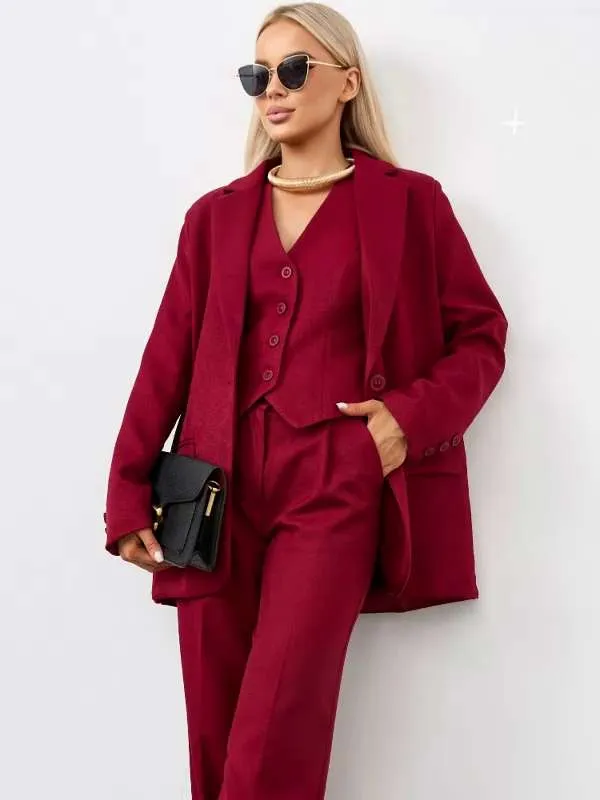 Костюм классический Женский MABLE Повседневный брючный, тройка коричневый, шоколадный, размер 48 Полиэстер, Вискоза, рост 160-180 Карманы Лето Молния, Пуговицы