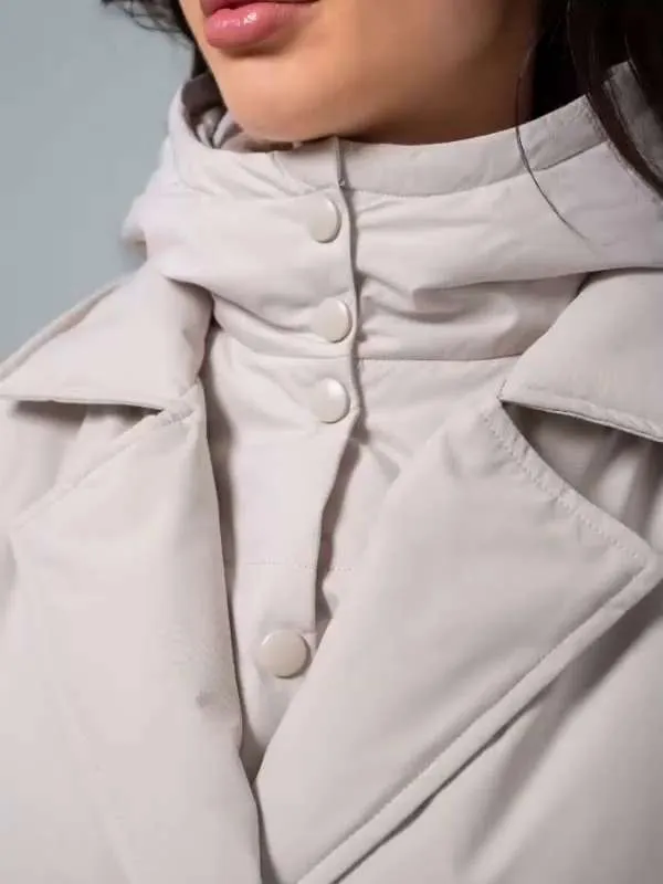 Пальто Женский Dene Капюшон, Воротник бежевый, светло-бежевый V-образный Полиэстер Длинный Слайтекс, размер 42 оверсайз Демисезон Молния, Кнопки двубортный