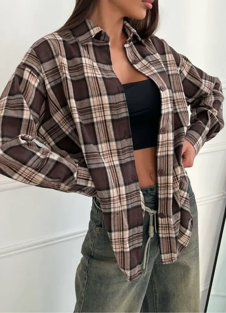Рубашка Женский шоколадный, бежевый Длинный Хлопок Карманы, Воротник Клетка, Геометрический, размер 40, 42 оверсайз Пуговицы Китай