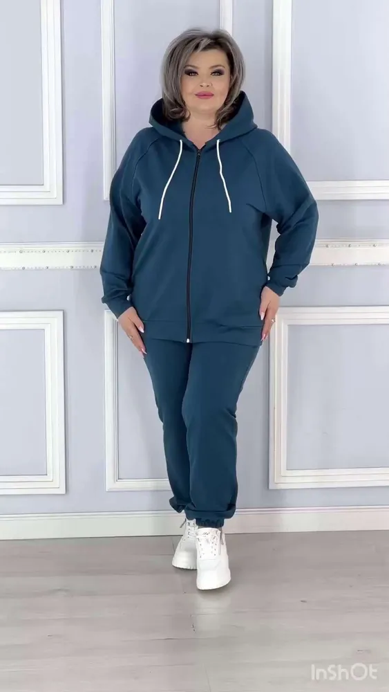 Костюм спортивный Женский Moda love Повседневный двойка темно-синий, размер 52, 54 Футер двухнитка Однотонный, рост 155-175 Капюшон, Карманы Россия На любой сезон Завязки, Молния