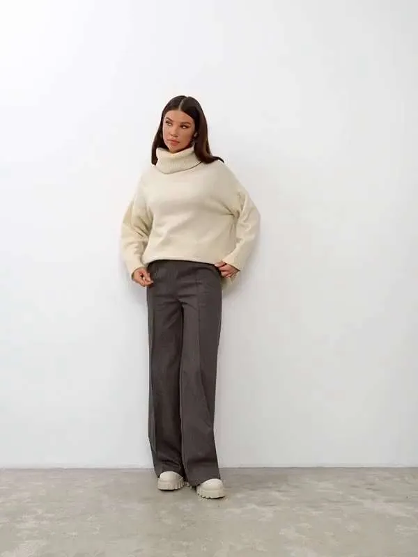 Брюки Женский Masha Filimonova палаццо, прямые коричневый Твид Повседневный, размер 46 Резинка прямой На любой сезон Карманы, рост 165-175 Россия Средняя