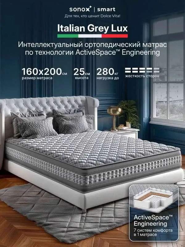 Матрас SONOX Ортопедический пружинный Italian Grey uno, Независимые пружины, 160x200 см