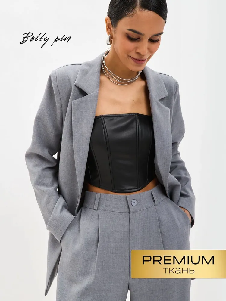 Костюм классический Женский Bobby pin Вечерний/праздничный брючный серый, размер 48 Вискоза, Полиэстер Однотонный Карманы Киргизия На любой сезон Пуговицы