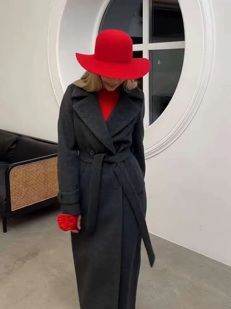 Пальто Женский by Arhangelskaya Alina Пояс/ремень, Разрезы серый, серый графит отложной Шерсть Длинный, размер 46 прямой Демисезон Пуговицы, Пояс двубортный