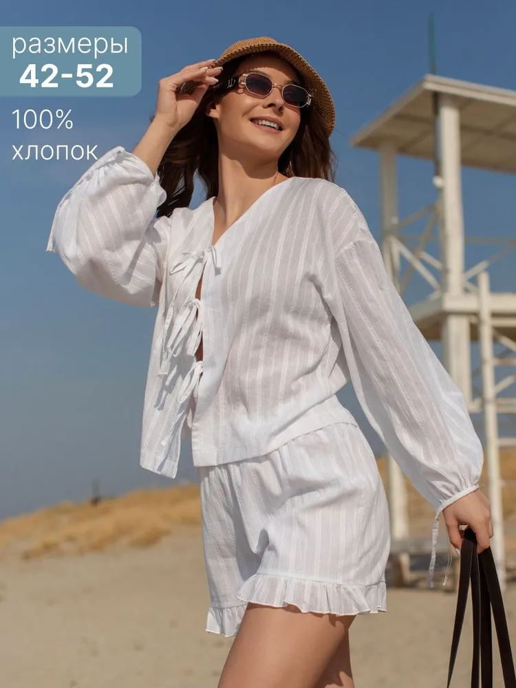 Комплект одежды Женский BELOLIPA Повседневный двойка, с шортами белый, размер 42, 44 Хлопок Лето Завязки, Резинка