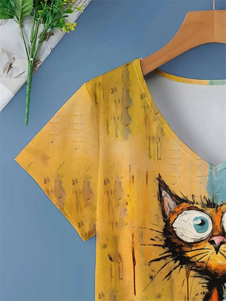 Футболка Женский желтый Короткий, размер 56 Политекс Животные облегающий Повседневный Китай