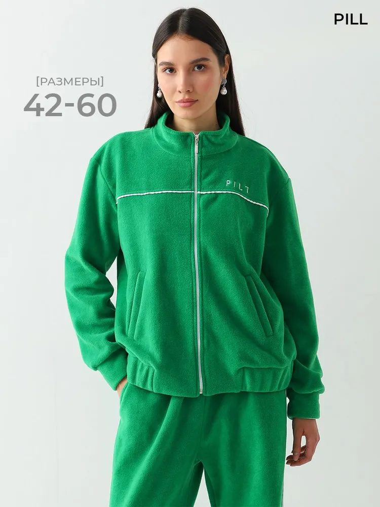 Толстовка Женский Pill Вышивка зеленый Молния Полиэстер, размер 46, 48 Длинный Однотонный Турция