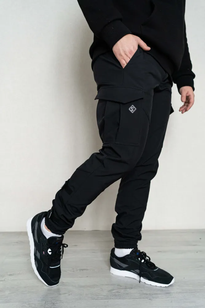 Брюки утепленные Мужской Street Spirit черный Softshell Повседневный, размер 50 Молния Зима Карманы, Манжеты Россия Средняя Однотонный