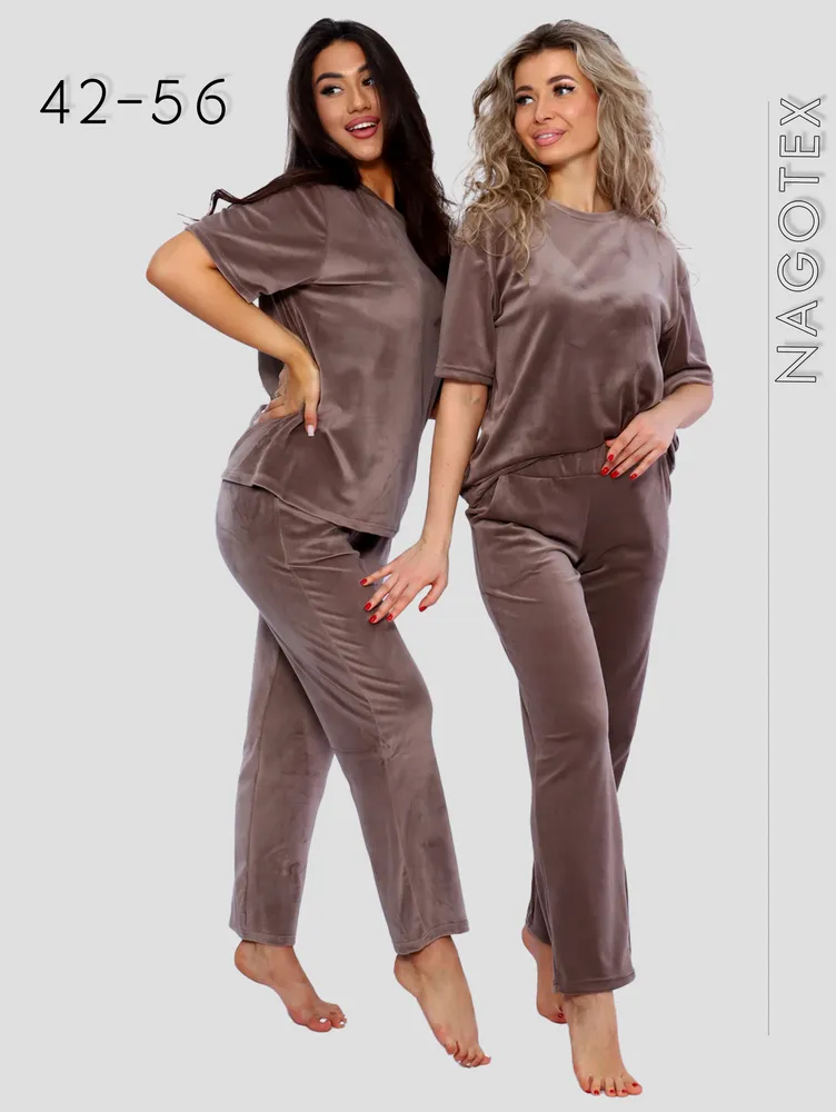 Комплект одежды Женский NAGOTEX Домашний, Повседневный брючный кофейный, размер 50 Велюр искусственный Однотонный, рост 158-170 Карманы Россия На любой сезон Без застежки