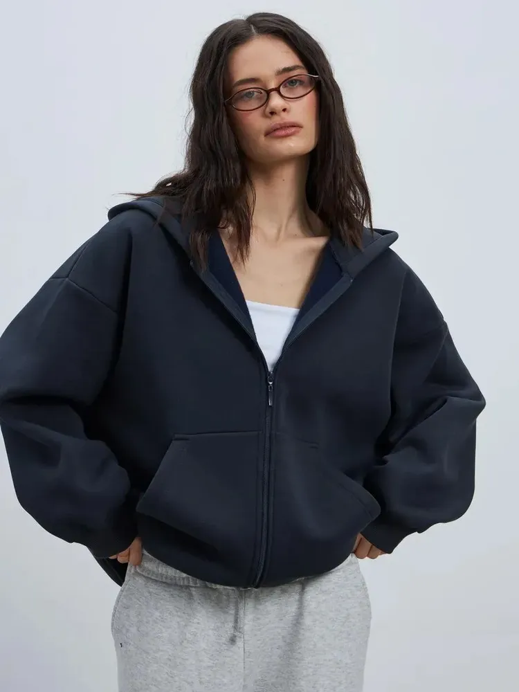 Худи Женский ТЕЛОДВИЖЕНИЯ Карманы, Капюшон темно-серый Молния Футер с начесом, размер 50 оверсайз Длинный Однотонный Россия дышащий материал