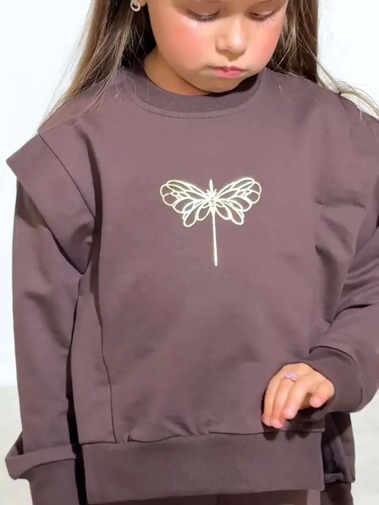 Комплект одежды Девочки Kiddi Fun Повседневный двойка коричневый, размер 116 Трикотаж Другое, Насекомые, рост 104-134 Россия На любой сезон Без застежки