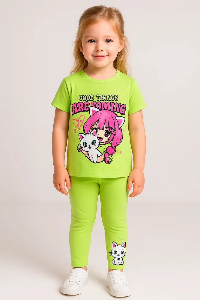 Комплект одежды Девочки Kari Kids Повседневный с легинсами светло-зеленый, размер 104 Хлопок, Эластан Портрет Блестки, Аппликация Китай На любой сезон Без застежки