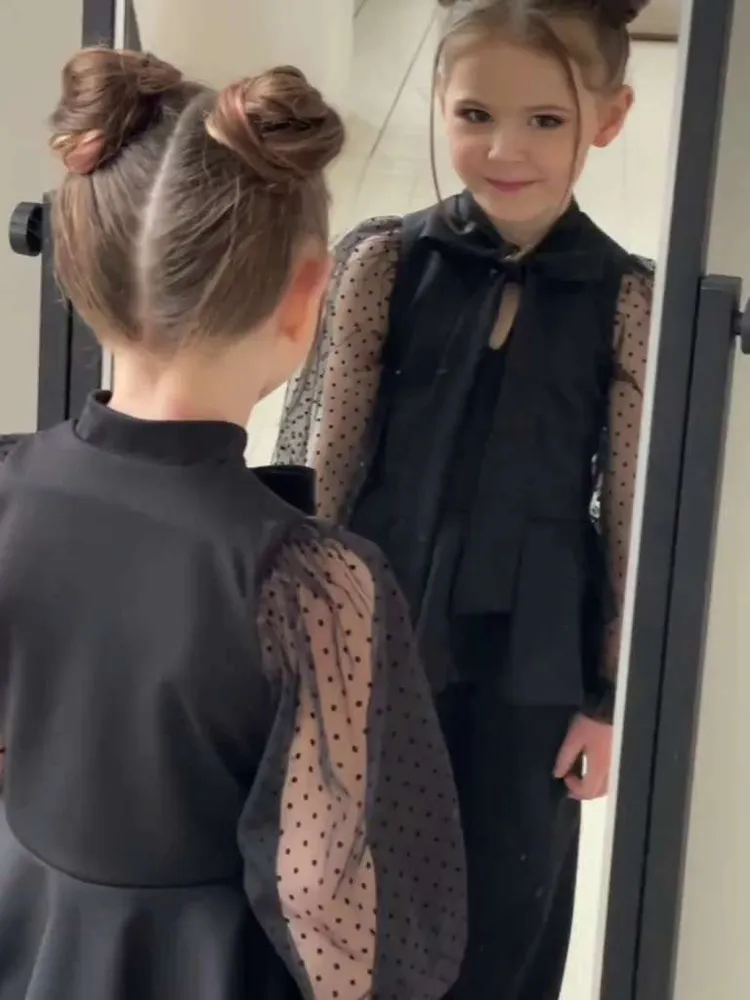 Комплект одежды Девочки MARY BLOOMS Вечерний/праздничный брючный, двойка черный, размер 134 Джерси, Фатин, рост 134 Бант, В сеточку Россия Демисезон Без застежки