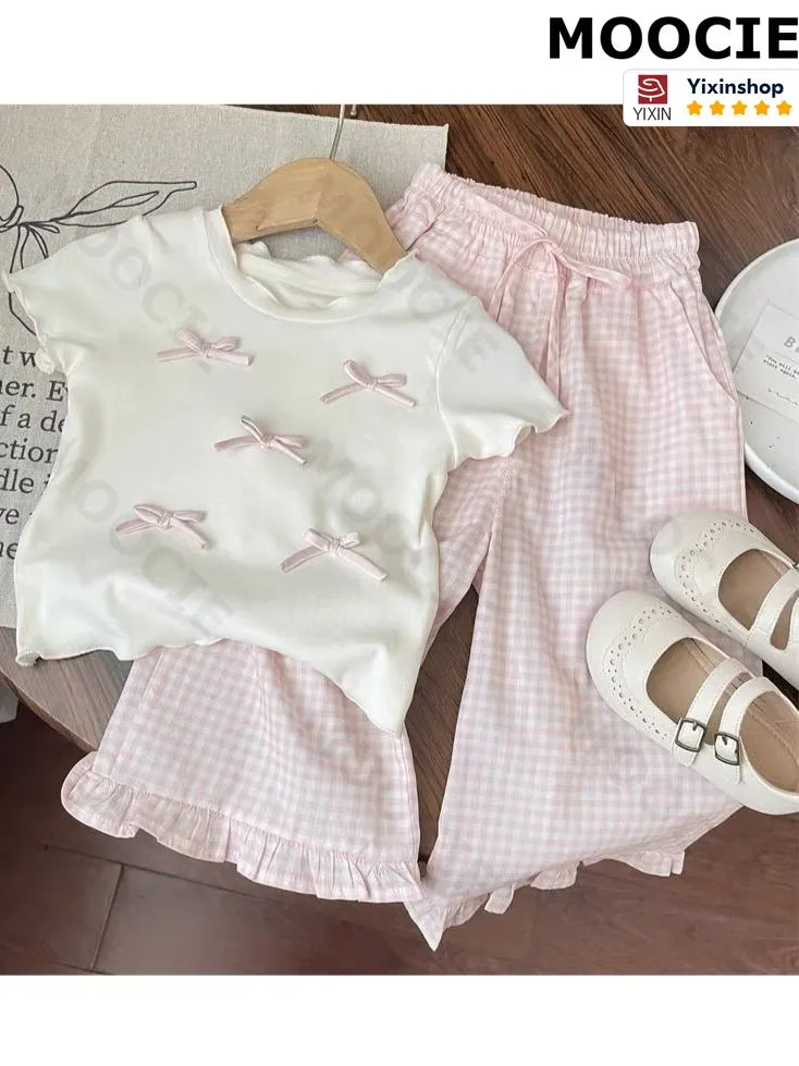 Комплект одежды Девочки MOOCIE Домашний брючный бело-розовый, размер 90 ABS пластик Однотонный, Клетка Разрезы, Воротник Китай Лето Другое, Эластичная
