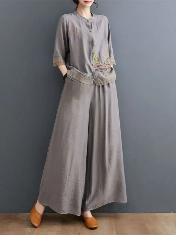 Комплект одежды Женский SYJWY Повседневный серый, размер 56 Полиэфирное волокно, Хлопок Пейзаж Вышивка Китай На любой сезон